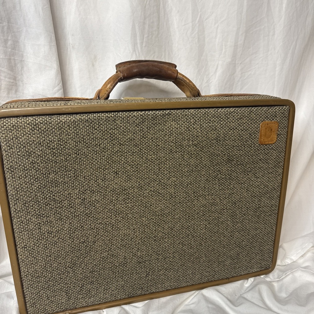 VTG Hartmann Luggage Tweed & Camel Leather Briefcase Attache Brass Train Box